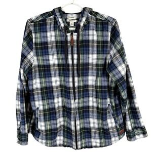 LL Bean Scotch Plaid Flannel Shirt Jacket Shacket Womens L Relaxed Fit Full Zip